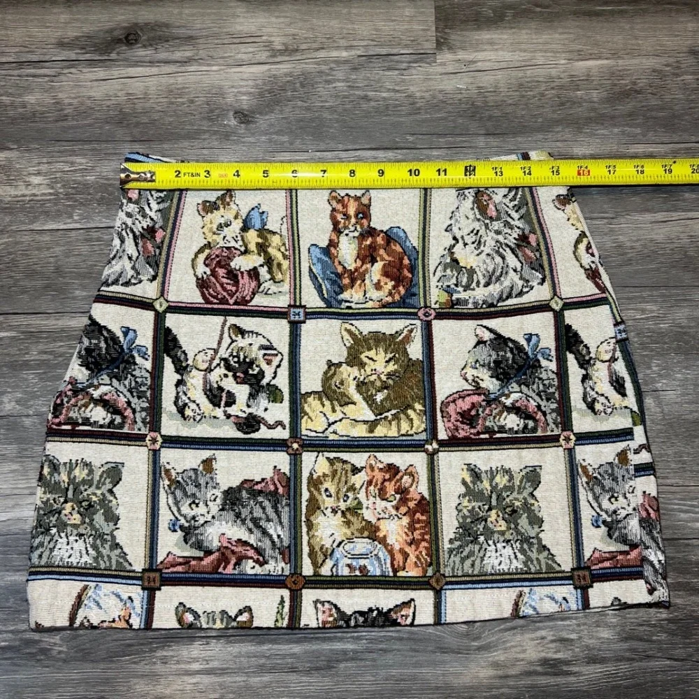 VTG Style Cat Tapestry Mini Skirt Medium Patchwork Novelty Woven Cottagecore - Picture 3 of 6